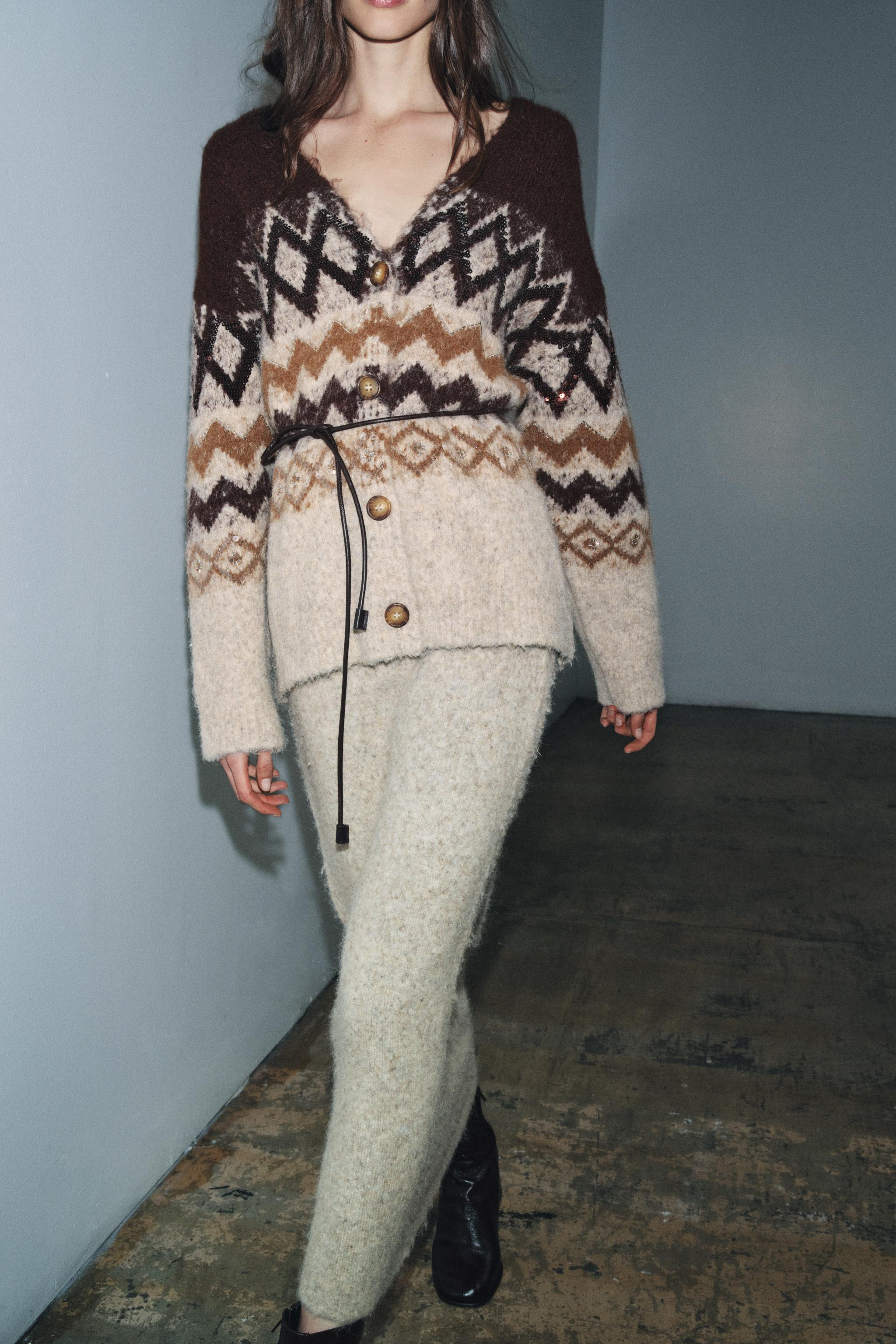 SEQUINED JACQUARD KNIT CARDIGAN WITH BELT | Zara US