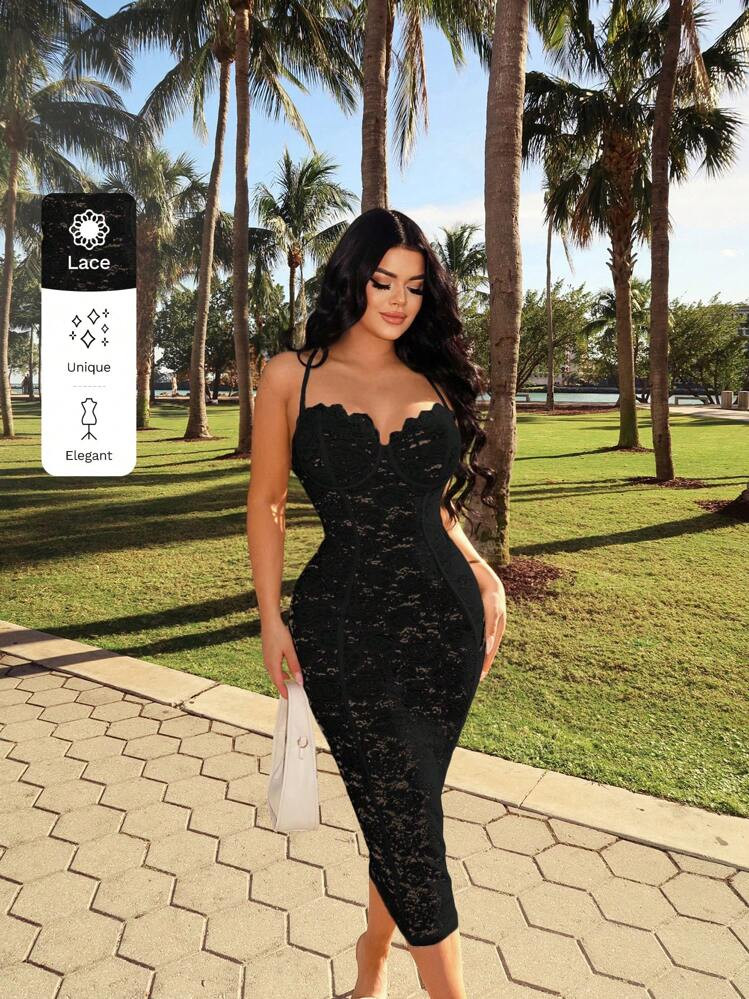 SHEIN SXY Women Summer French Elegant Lace Dress With Tight Bustier Strap Dress,Summer Dresses Fo... | SHEIN