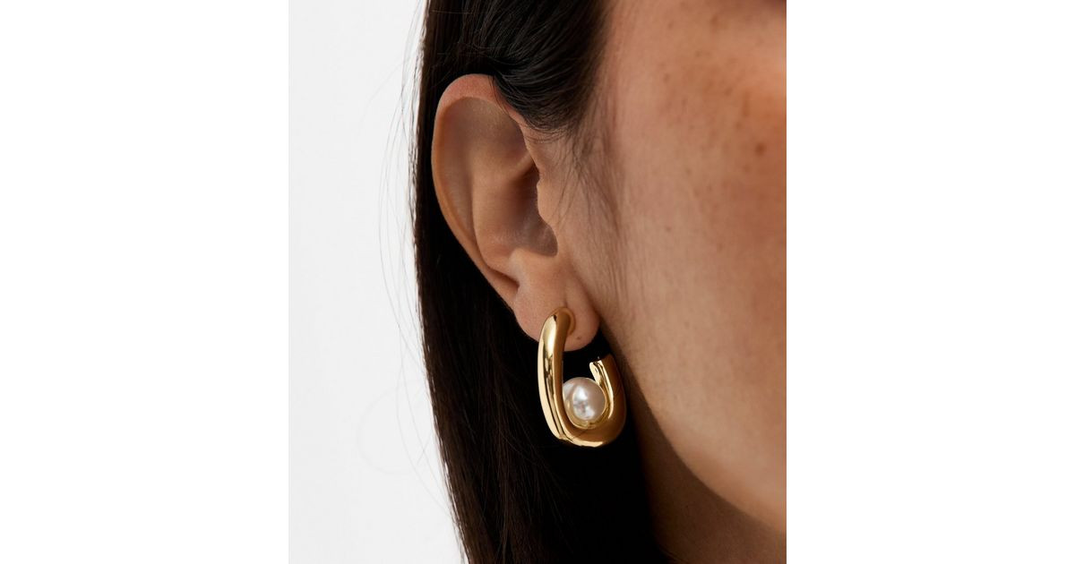 Gold Tone Floating Pearl Hoop Earrings | New Look | New Look (UK)