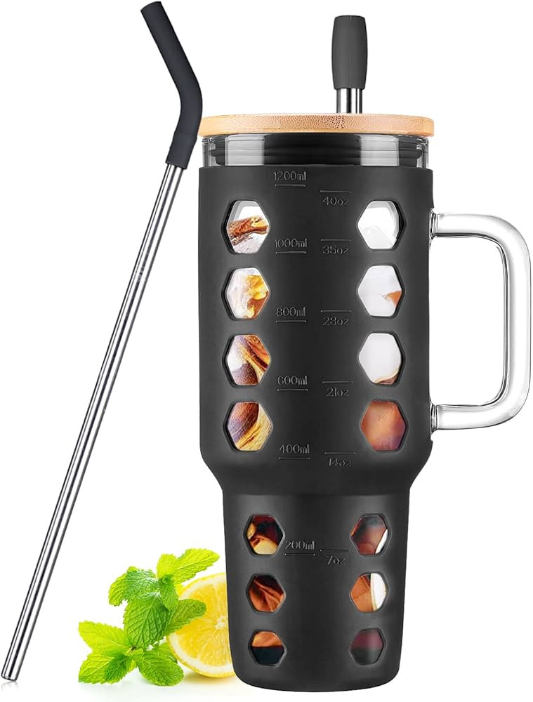 MUKOKO Glass Tumbler with Lid and Straw, 40oz Iced Coffee Cup with Handle, Glass Coffee Tumbler F... | Amazon (US)