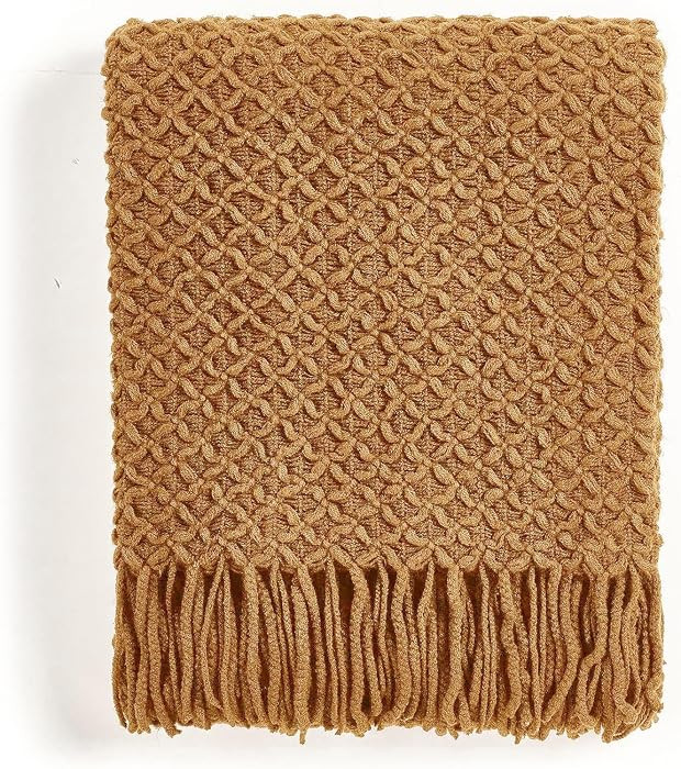 CREVENT Farmhouse Boho Knitted Throw Blanket for Couch Sofa Chair Bed Home Decoration, Soft Warm Cozy Light Weight for Spring Summer Fall (50''X60'' Light Brown) | Amazon (US)