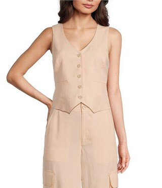 Alex Marie Brooke V-Neck Drapey Linen Blend Button Front Vest | Dillard's | Dillard's