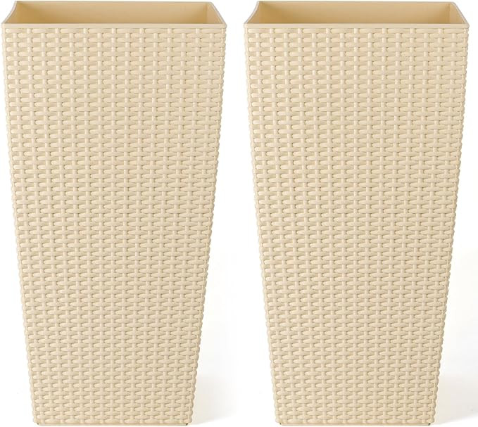 T4U 22 Inch Rattan Design Tall Planter Set of 2, Planters for Indoor and Outdoor, Self Watering P... | Amazon (US)