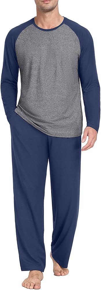 PrinStory Men's Pajama Set Sleepwear Pjs Lightweight Long Sleeve Crewneck Shirts and Bottoms Soft... | Amazon (US)