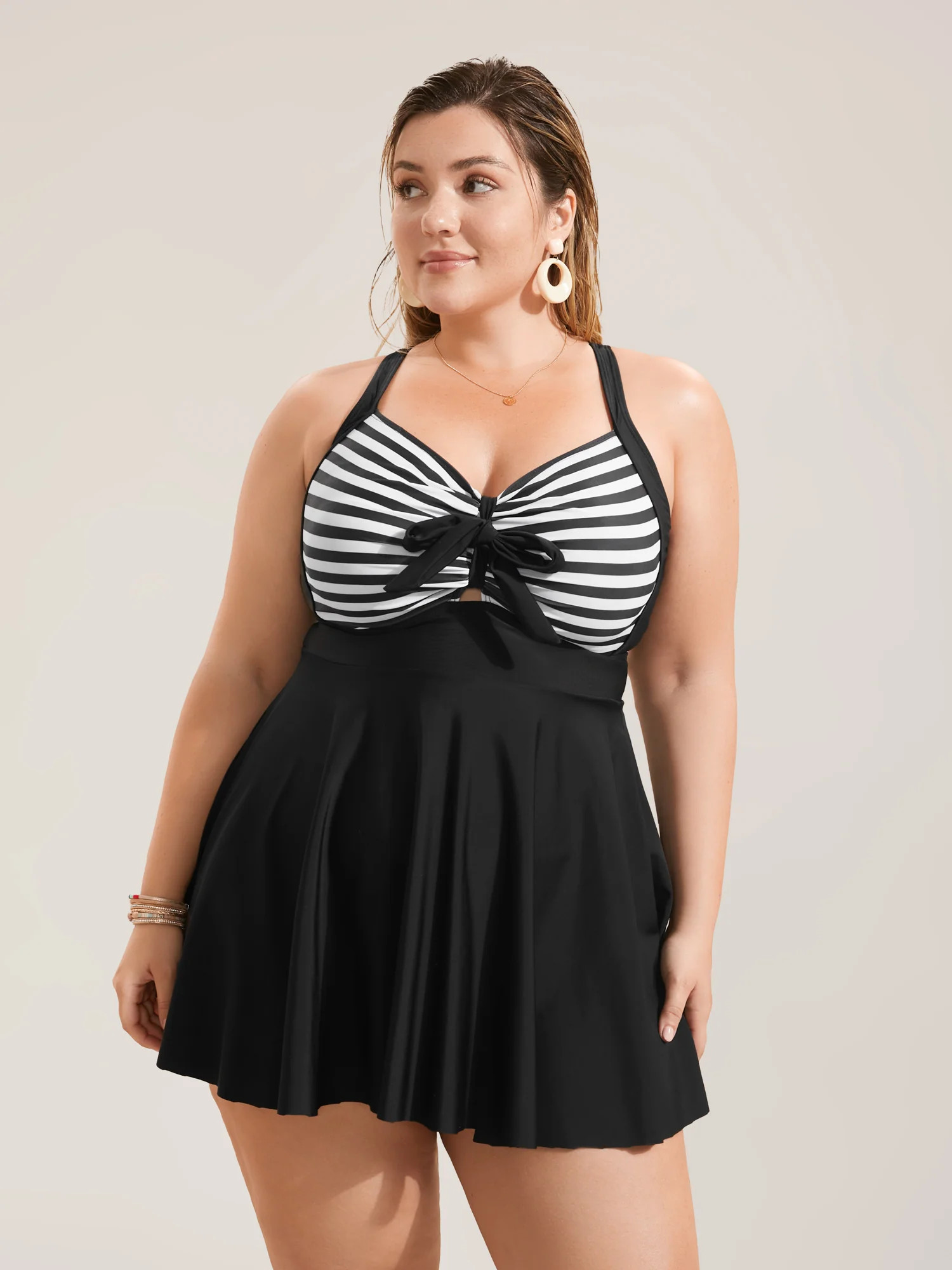 Stripes Patchwork Tie Knot Cross Straps Swim Dress | Bloomchic