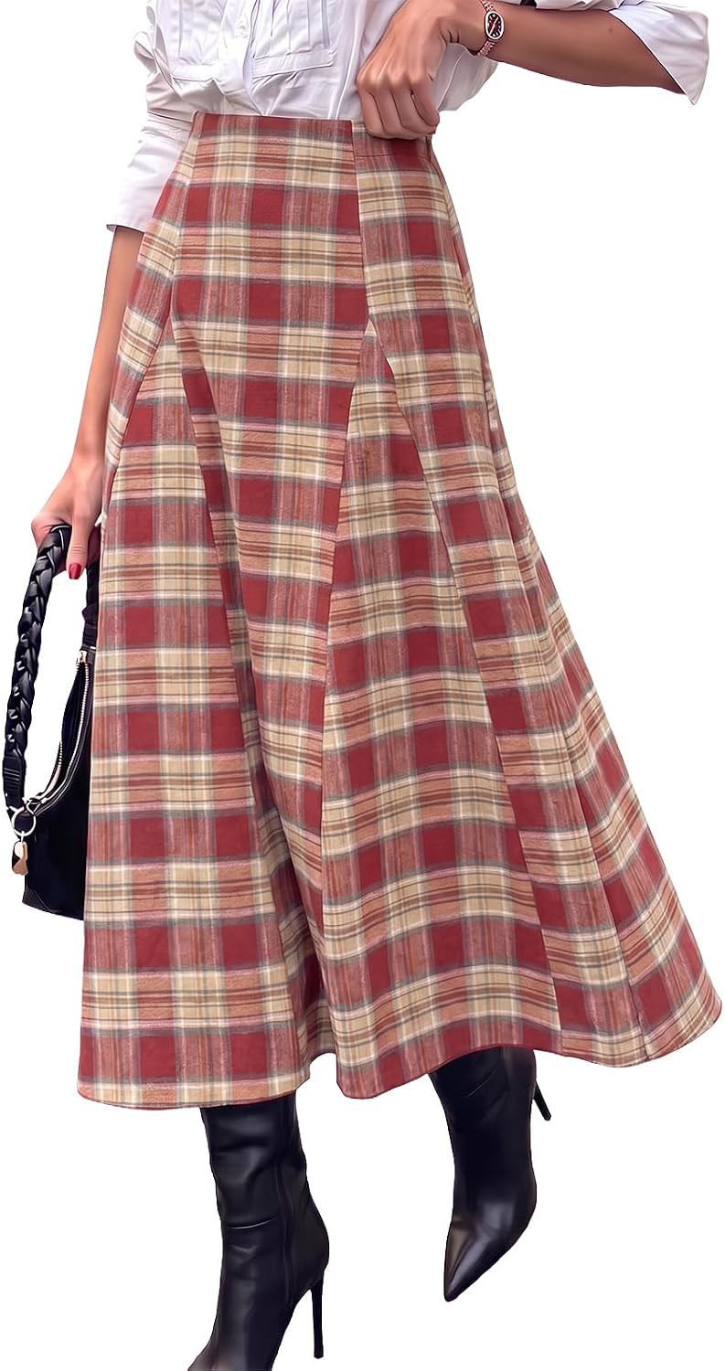 EXLURA Women Flannel Plaid Long Skirt High Waist A Line Maxi Skirts Pockets | Amazon (US)