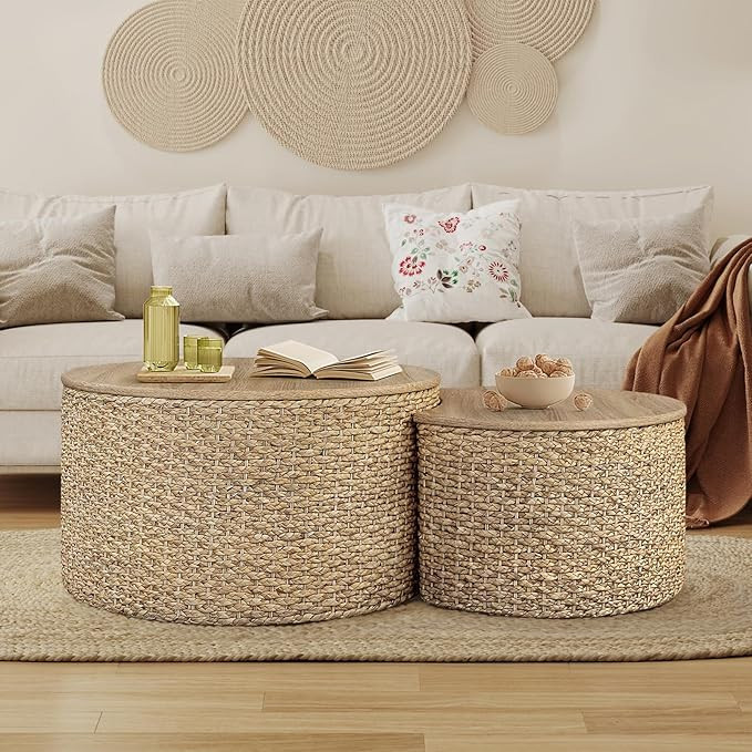 Nesting Coffee Table Set of 2, Rustic Crate and Barrel Coffee Table, Hand-Woven Woven Nesting Tab... | Amazon (US)