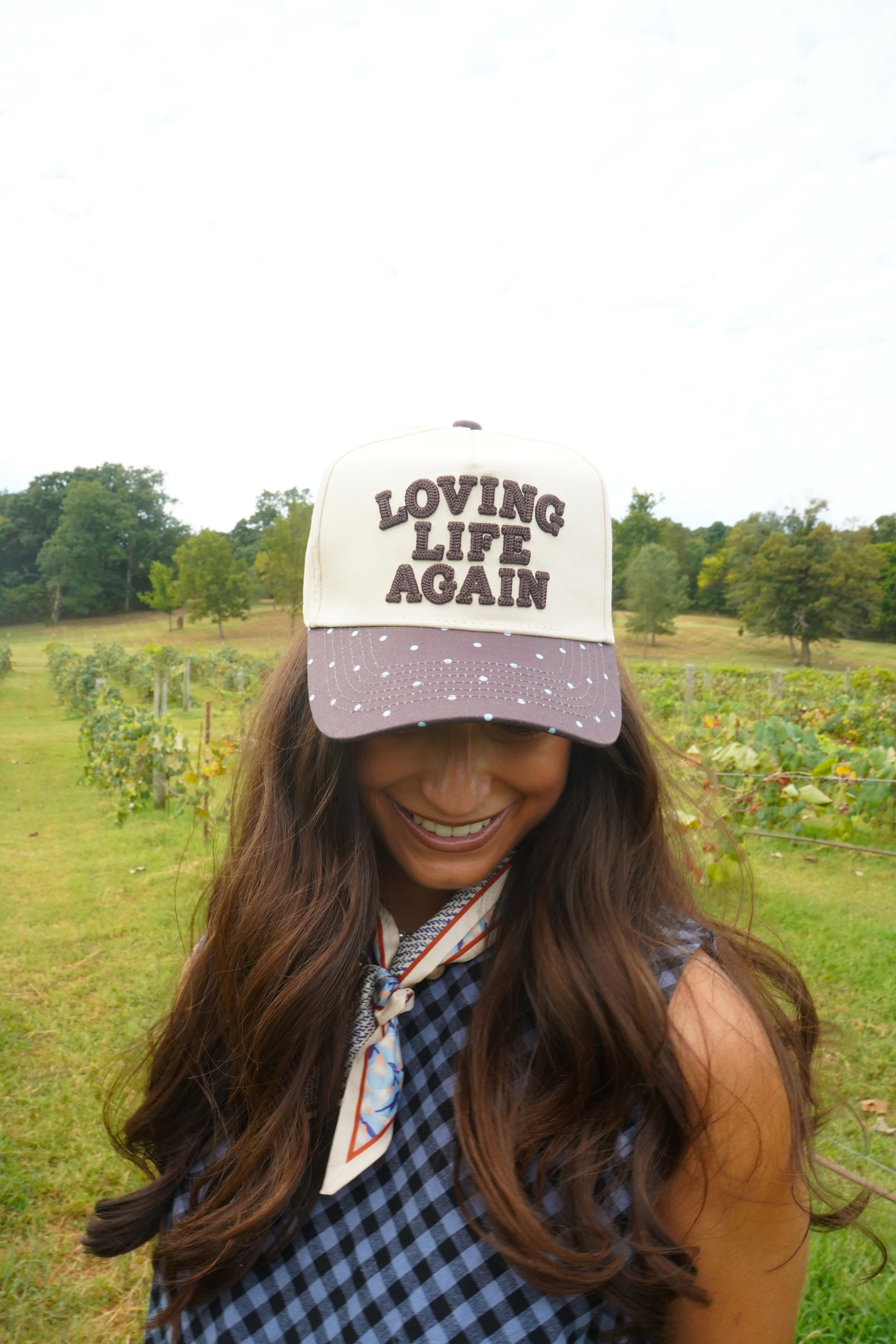 Loving Life Again - Brown & Blue Polka Dot Trucker Hat | KenzKustomz