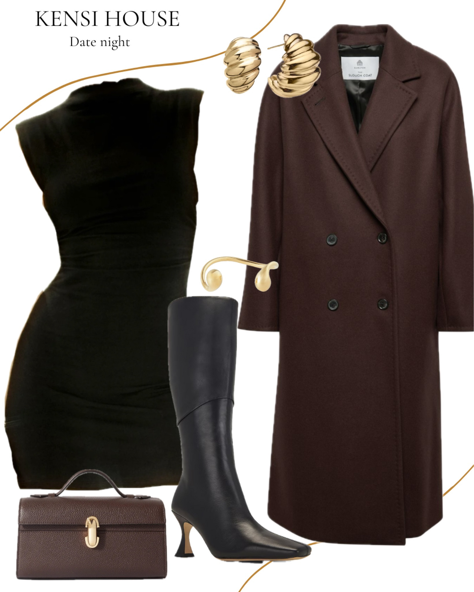 Date night winter outfit 
Chocolate brown wool coat, black mini dress, knee high high heel boots, savette clutch, gold jewelry 

#LTKSeasonal #LTKparties #LTKstyletip