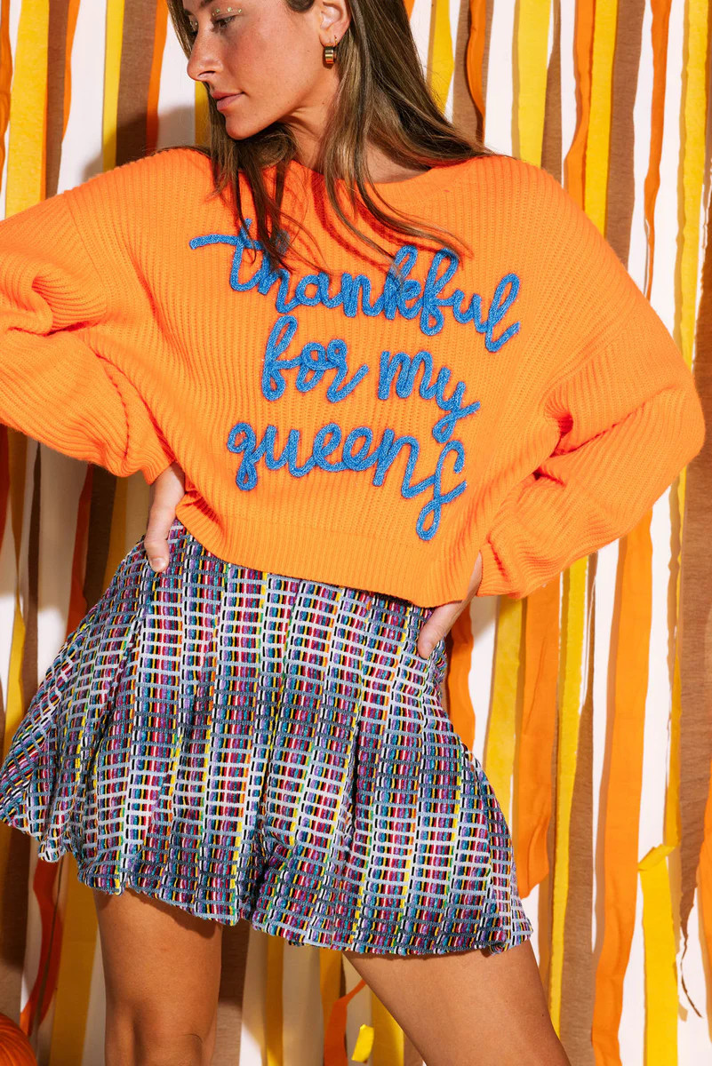 Neon Orange 'Thankful For My Queens' Sweater | Queen of Sparkles
