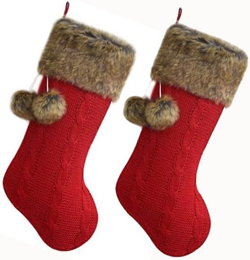 Set of 2pcs Chunky Cable Knit Body, Luxury Faux Fur Cuff,Whimsical Pom-poms Christmas Stocking -1... | Amazon (US)