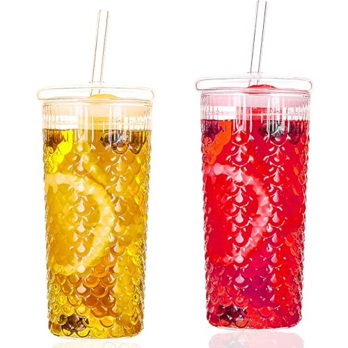 Textured Fish Scale 24oz Glass Cups with Lids and Straws, Unique Set of 2 Glass Tumblers with Straws, Reusable Glass Coffee Cups Set with Lids for Hot and Cold Drinks | Amazon (US)