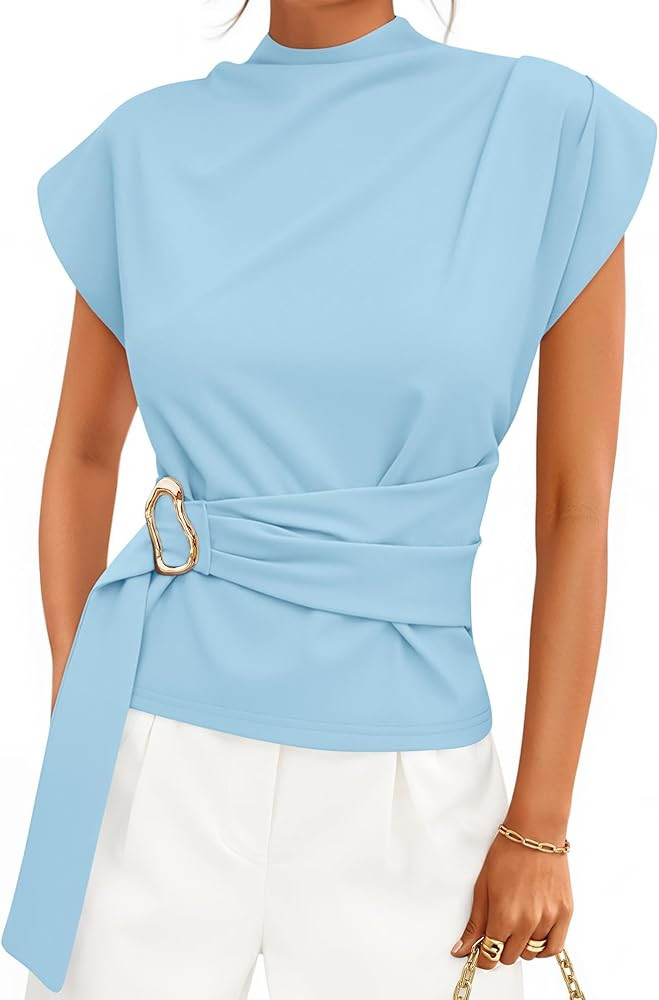 ZESICA Women's 2026 Summer Cap Sleeve Blouse Mock Neck Business Casual Tops Spring Dressy Tunic W... | Amazon (US)