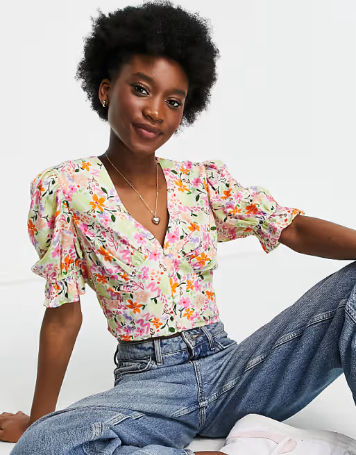ASOS DESIGN short sleeved tea blouse in bright floral print | ASOS | ASOS (Global)