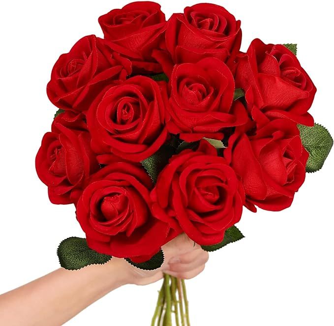 Luyue 10 Pack Artificial Velvet Roses Fake Red Rose Silk Flowers with Stem Floral Gift for Weddin... | Amazon (US)