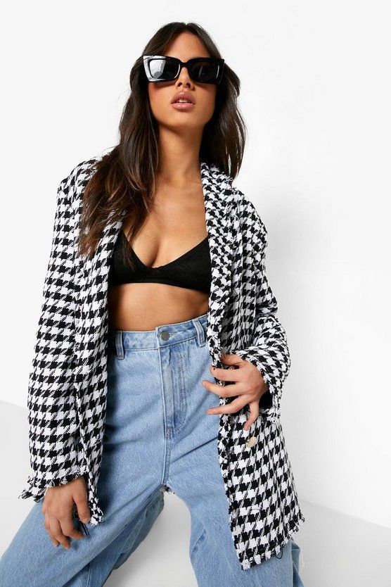 Dogtooth Woven Double Breasted Boxy Blazer | Boohoo.com (US & CA)