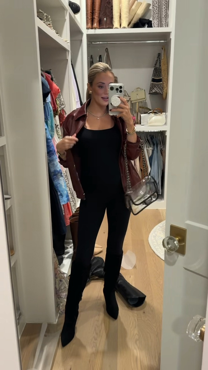 Bumpsuit Black Onesie 
Amazon Boots
Faux Leather Maroon Jacket
Trendy Earrings 

#LTKShoeCrush #LTKBump #LTKStyleTip