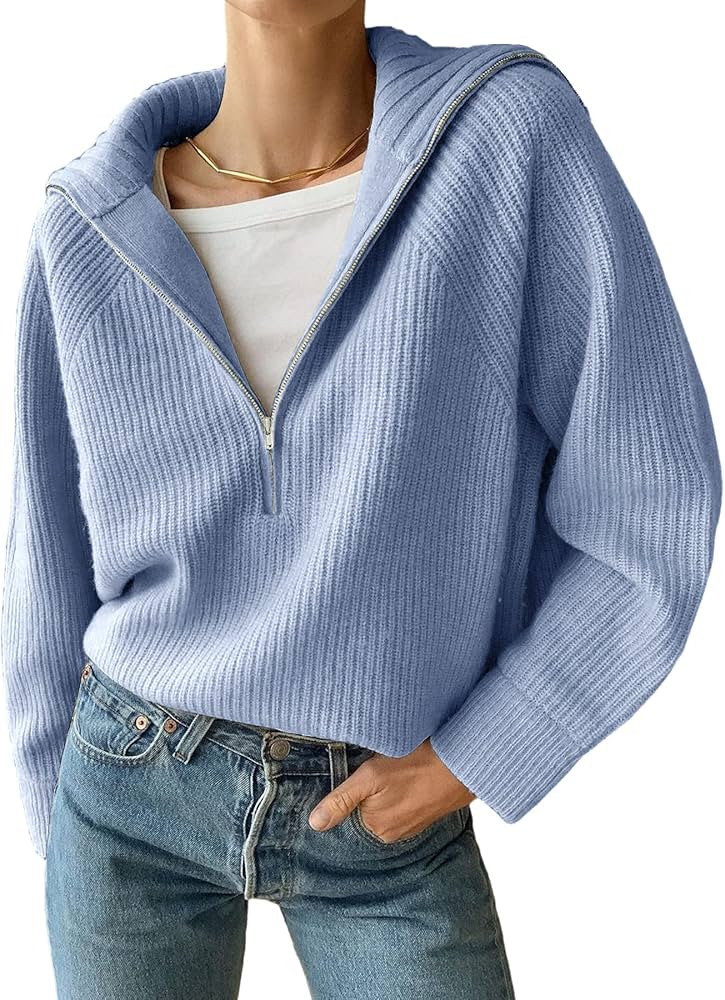 BTFBM Women’s Casual Long Sleeve Half Zip Pullover Sweaters Solid V Neck Collar Ribbed Knitted ... | Amazon (US)