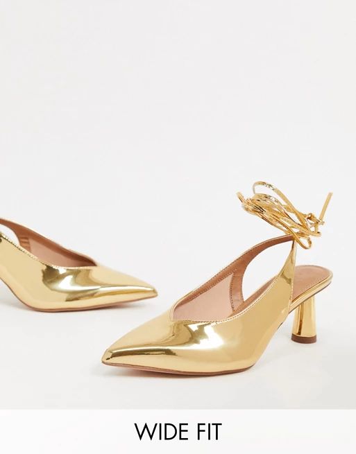 ASOS DESIGN Wide Fit Susie tie leg mid heels in gold | ASOS | ASOS (Global)