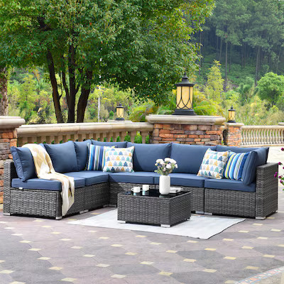 XIZZI Sunrise Rattan Outdoor Sectional with Blue Cushions and Steel Frame | Lowe's