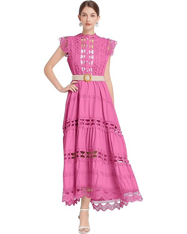 LAI MENG FIVE CATS Womens Summer Hollow Out Ruffled Sleeve Casual Maxi Wedding Party Big Swing Dr... | Amazon (US)
