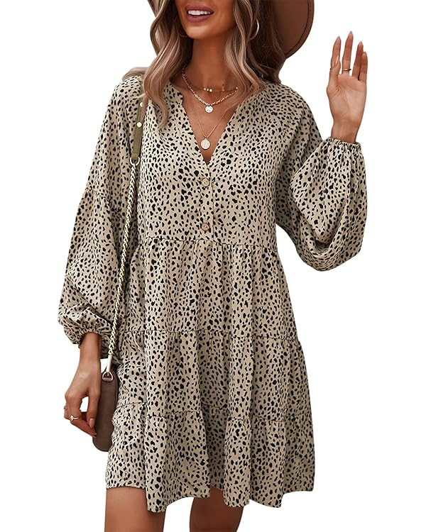 TEMOFON Women's Tunic Dress Leopard Floral Printed Long Sleeve Casual Loose V Neck Ruffle Swing M... | Amazon (US)