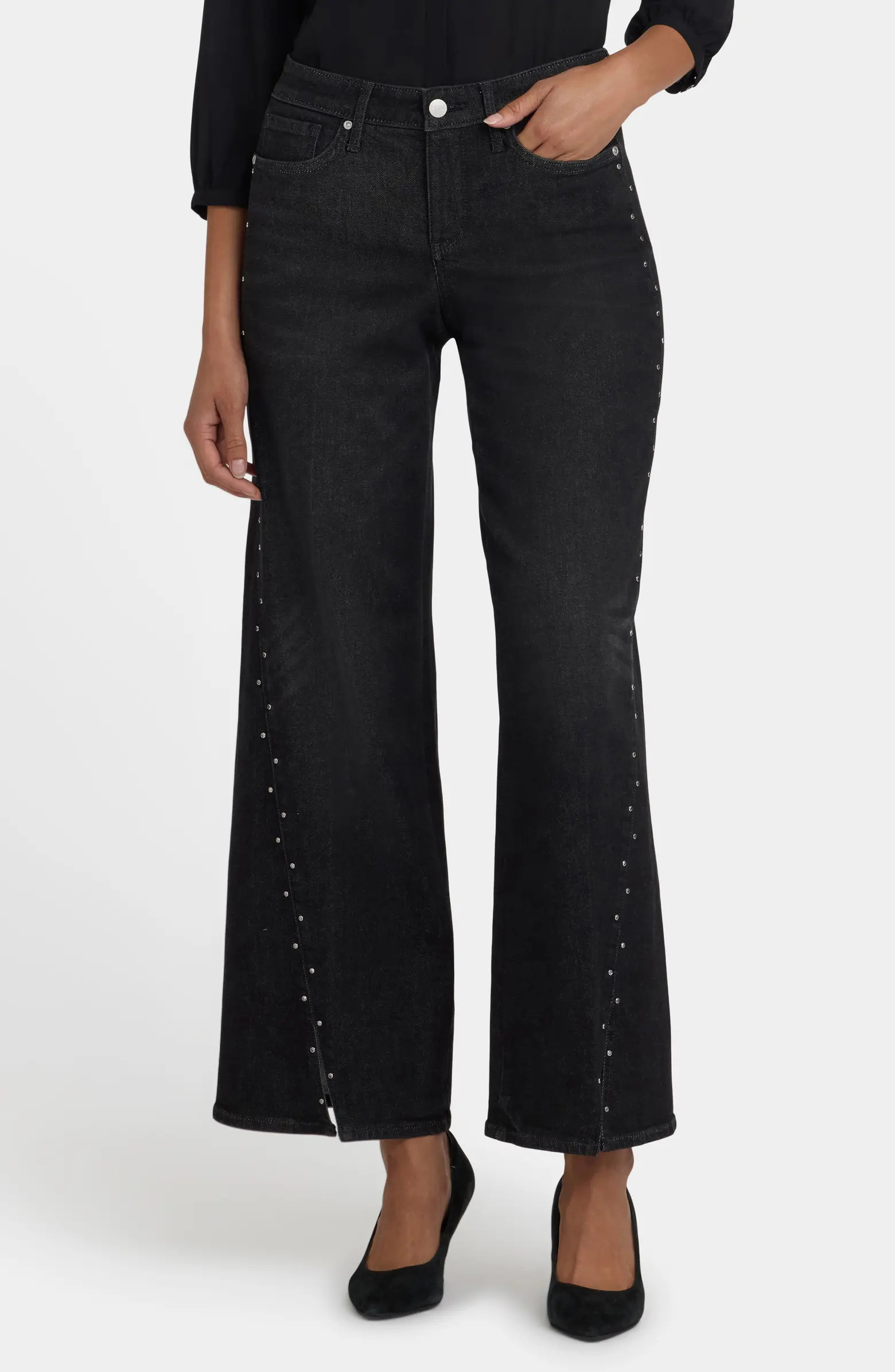 NYDJ Teresa Rhinestone Slit Hem Wide Leg Jeans | Nordstrom | Nordstrom