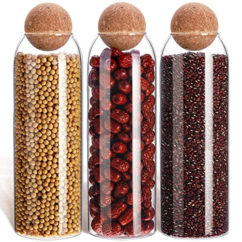3 Pcs Glass Jar with Ball Cork Lid Decorative Round Bottle Sealed Canister Jar Storage Container Organizer with Airtight Seal Wooden Lid for Food Coffee Bean Candy Biscuits Spice(1300 ML/ 44 Oz) | Amazon (US)