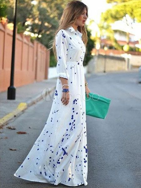 Long White Dress Polyester Long Sleeves Turndown Collar Maxi Dress | Milanoo