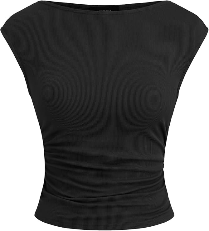 CIDER Boat Neck Tops for Women Sleeveless Ruched Crop Tank Tops Slim Fit Trendy Summer Outfits Ca... | Amazon (US)