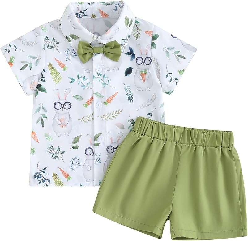 MAINESAKA Toddler Baby Boy Easter Outfit Bunny Print Short Sleeve Button Down Shirt and Shorts Se... | Amazon (US)