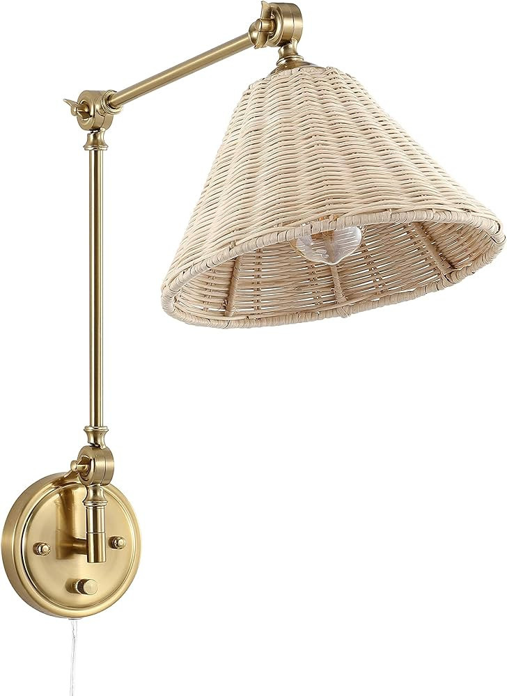 WINGBO Wall Sconce Rattan Wrapped Wall Lamp, Adjustable Swing Arm Gold Wall Light Fixture Foldable Vintage Bedside Light Wicker Handmade Shade Brass Reading Light Plug in or Hardwire (1 Pack) | Amazon (US)