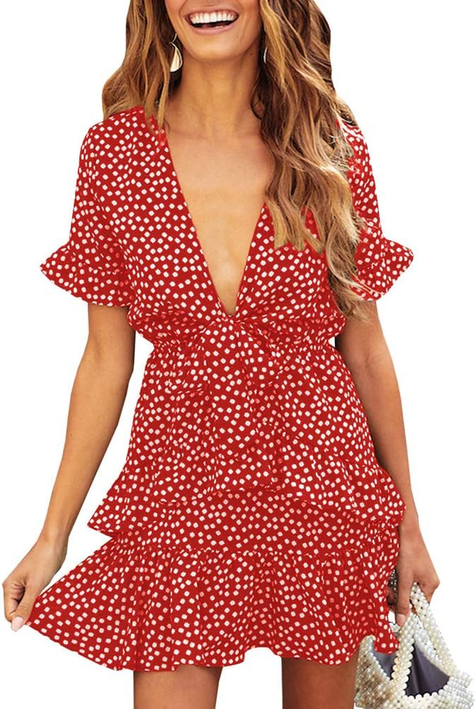 SAIKESIGIRL Womens Deep V Neck Floral Mini Dress Tie Knot Front Ruffle Flowy Dresses | Amazon (US)