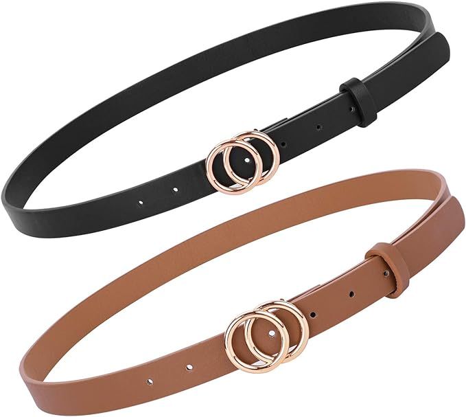Women's Leather Skinny Belts for Dress Jeans Pants Fashion Leather Belt with Double O Ring Buckle | Amazon (US)