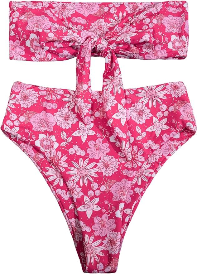 SOLY HUX Women's Floral Print Tie Front Bandeau Bikini Bathing Suits 2 Piece Swimsuits | Amazon (US)