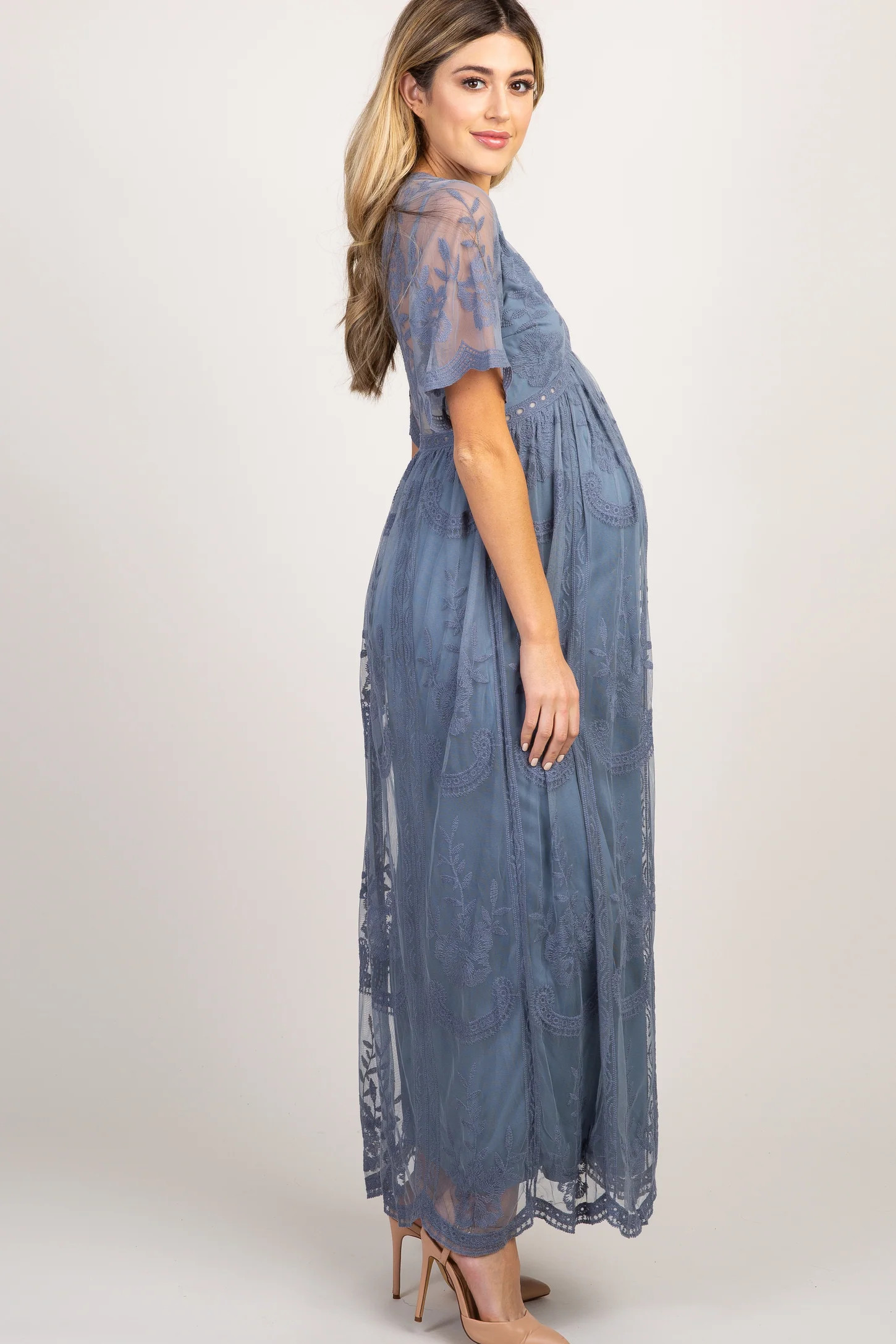PinkBlush Blue Lace Mesh Overlay Maternity Maxi Dress | PinkBlush Maternity