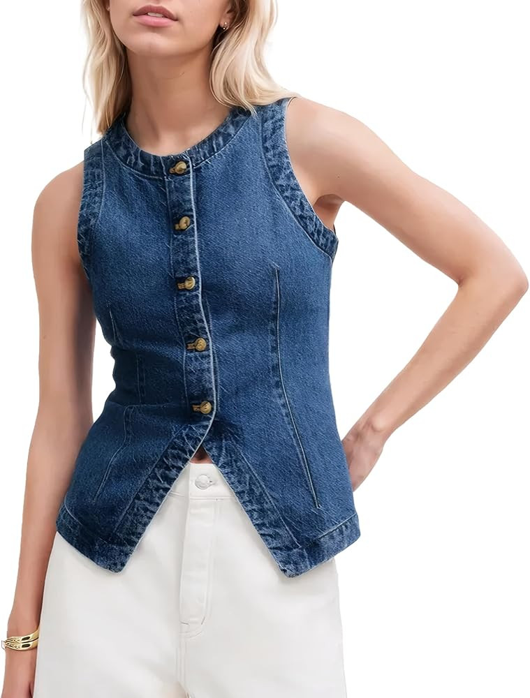 D-Sun Women Denim Vest Sleeveless Crewneck Button Down Jean Waistcoat Casual Front Slit Slim Deni... | Amazon (US)