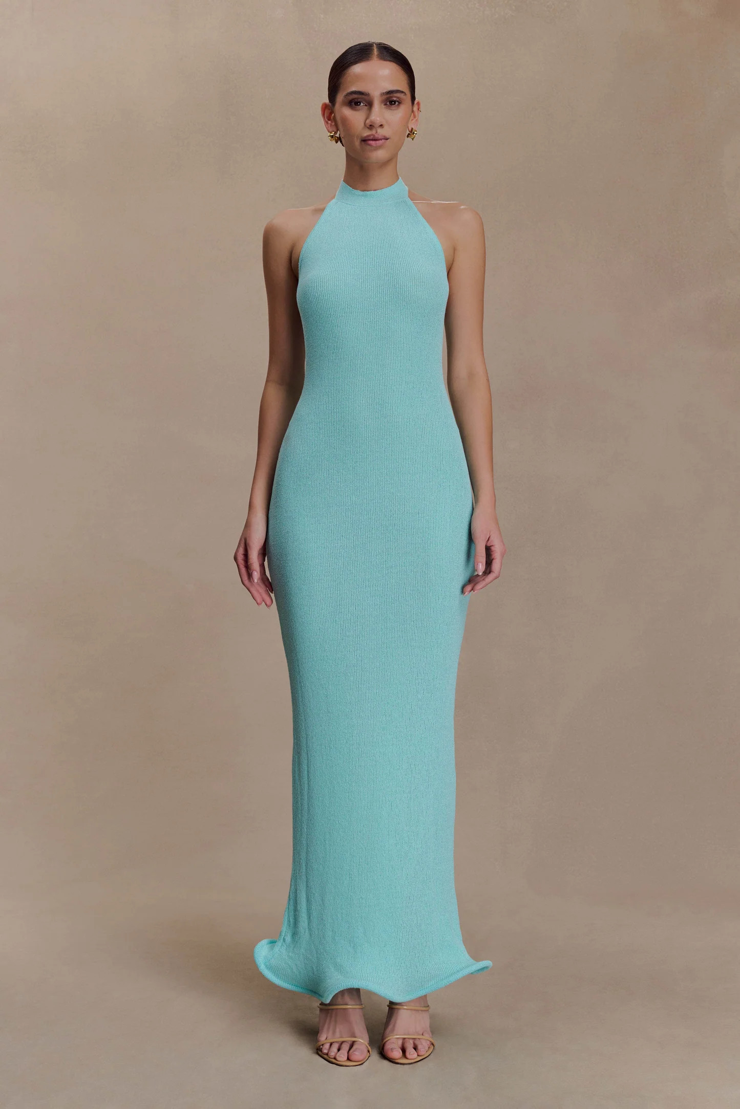 Melodie Halter Knit Maxi Dress - Cyan Blue | MESHKI US
