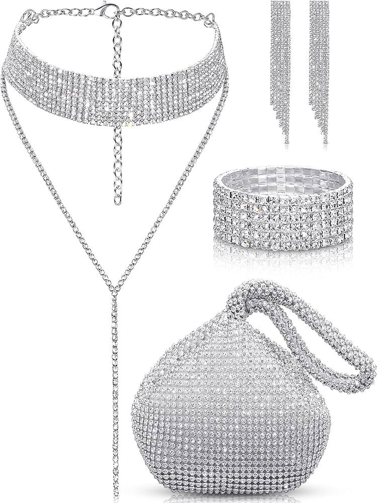 Quelay 4 Pieces Women Crystal Jewelry Set Rhinestone Tassel Necklace Stretch Bangle Bracelet Crys... | Amazon (US)