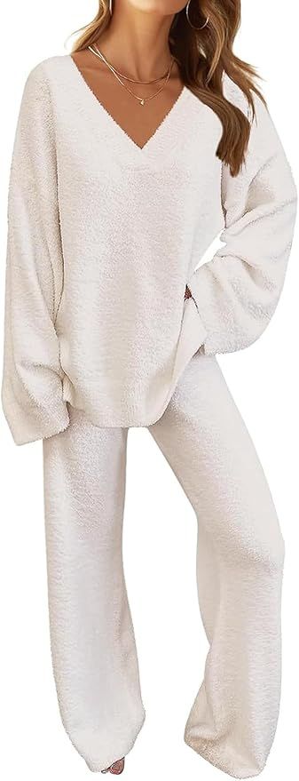 TECREW Women's Fuzzy Fleece Lounge Sets 2 Piece Outfits Long Sleeve Top Wide Leg Pants Pajama Set... | Amazon (US)