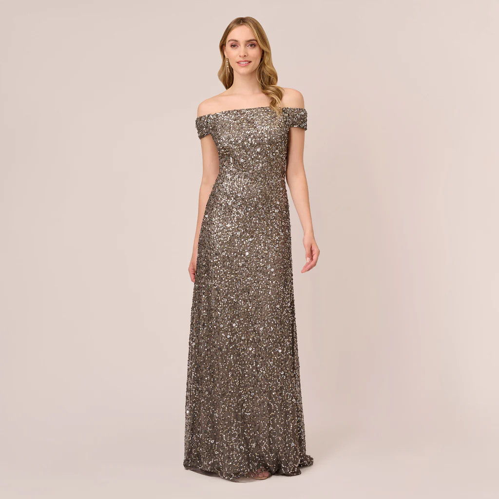 Off The Shoulder Sequin Beaded Gown In Lead | Adrianna Papell