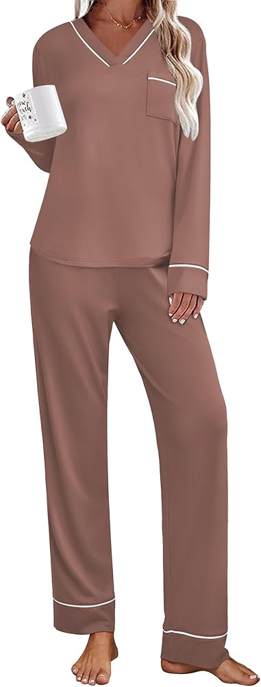 Ekouaer Women's Pajamas Sets 2 piece PJs V Neck Long Sleeve Sleepwear Comfy Pants Loungewear with... | Amazon (US)