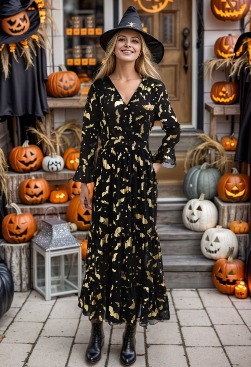 Metallic Gold Bats Chiffon Maxi Dress | Chicwish