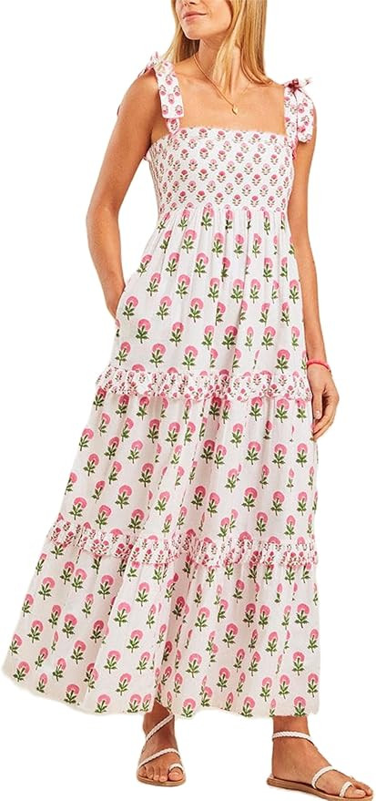 UAURORAO Women Boho Floral Maxi Dress Tie Shoulder Smocked Tiered Long Dress Flowy Striped Color ... | Amazon (US)