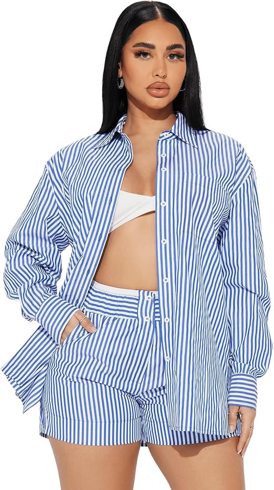 Women Striped 2 Piece Outfits Button Down Long Sleeve Crop Top and Drawstring Shorts Matching Set | Amazon (US)