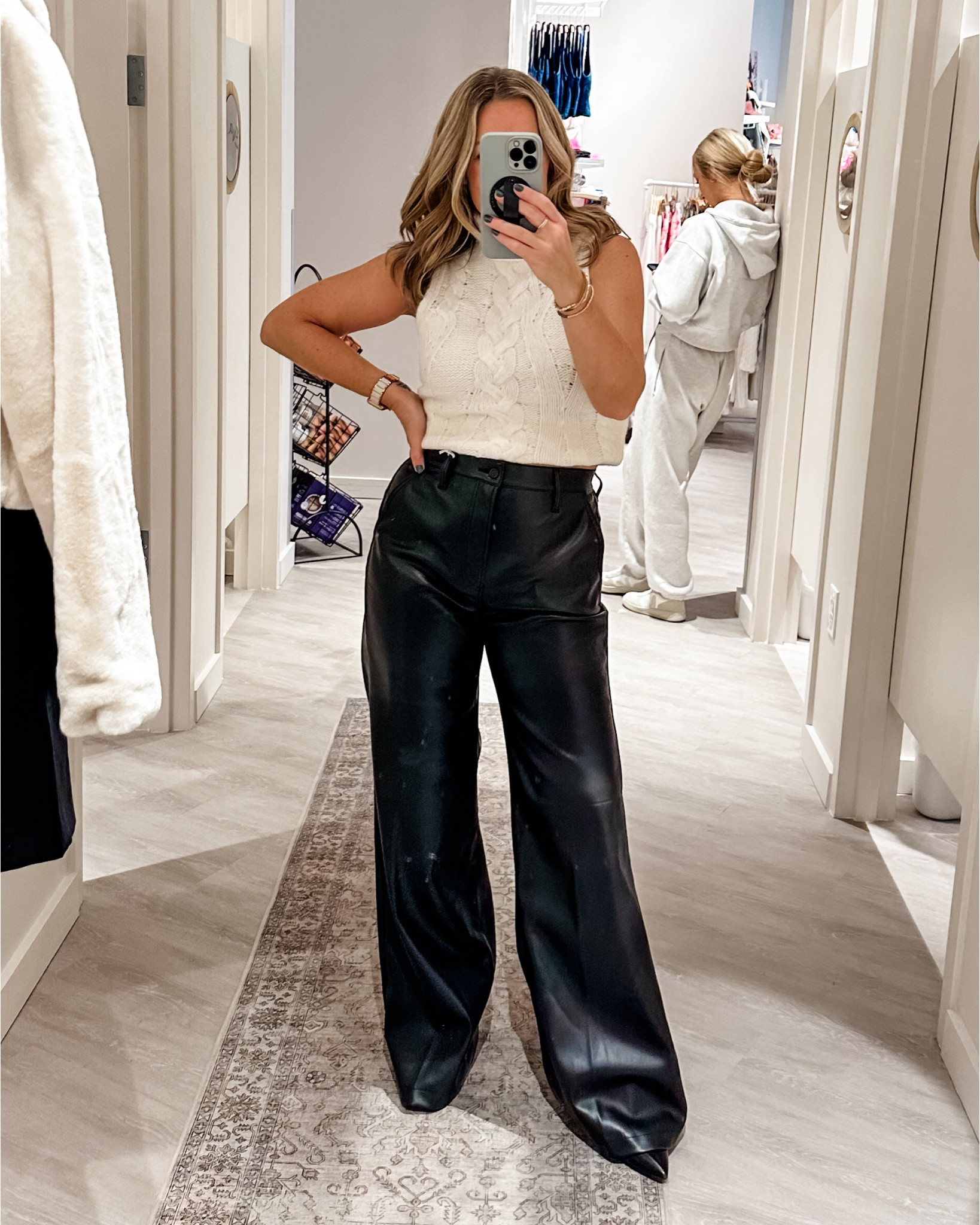 Elevated casual - dressier holiday event outfit ideas! 
White sweater tank: XS
Black faux leather pants: 29 but I might size down 1. They’re also long. Will need 4” heels if you’re my height or to hem. WORTH IT THO. 
Merry sweater: M
Black cropped jeans: 29
Striped sequins cardigan: S
Cropped wide leg blue jeans: 28
Faux fur jacket: M
Black mock neck top: M
Metallic sweater: S
Last straight leg jean: 29
Red cardi: S
White eyelash sweater: S

#LTKHoliday #LTKSaleAlert #LTKCyberWeek