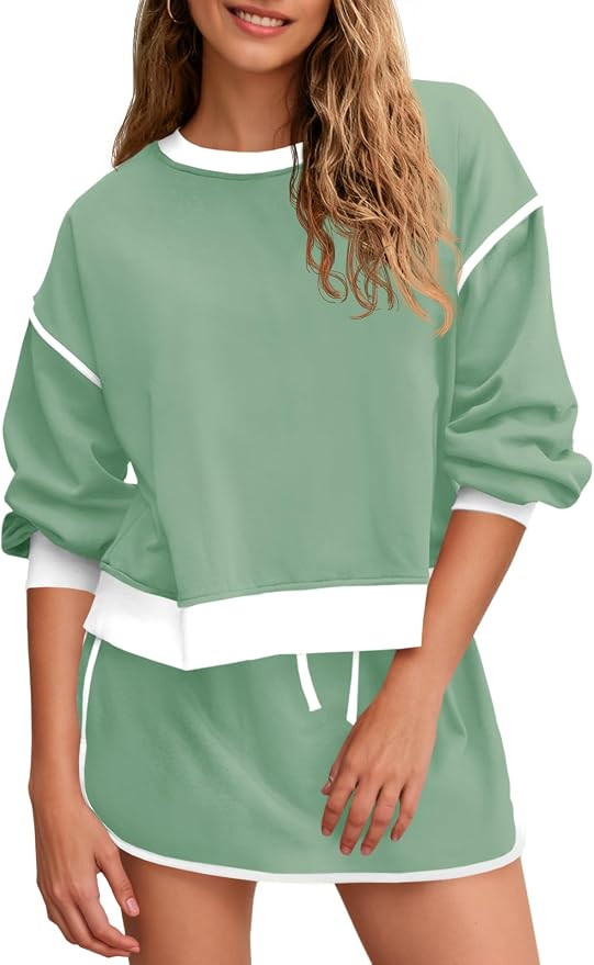 Fisoew Womens Sweatsuits 2 Piece Set Crewneck Sweatshirts High Waisted Skort Skirts Tennis Runnin... | Amazon (US)