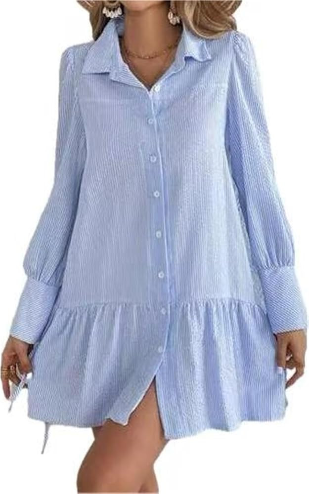 Women's Striped Button MIDI Shirt Dress Casual Loose Sleeve Long Sleeve Knot Mid-Length Dress | Amazon (US)