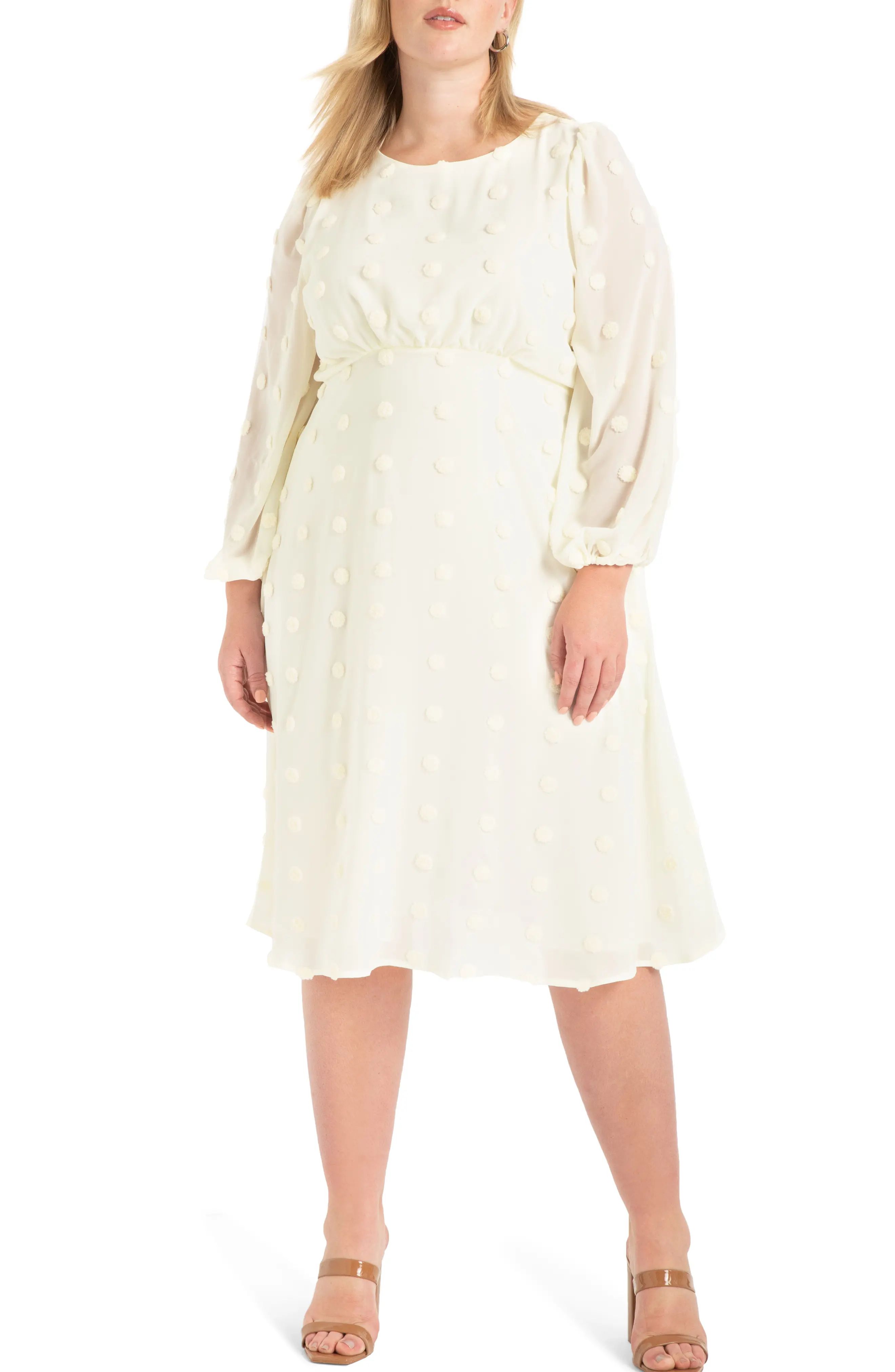 Plus Size Women's Eloquii Dot Chiffon Long Sleeve Midi Dress, Size 16W - White | Nordstrom