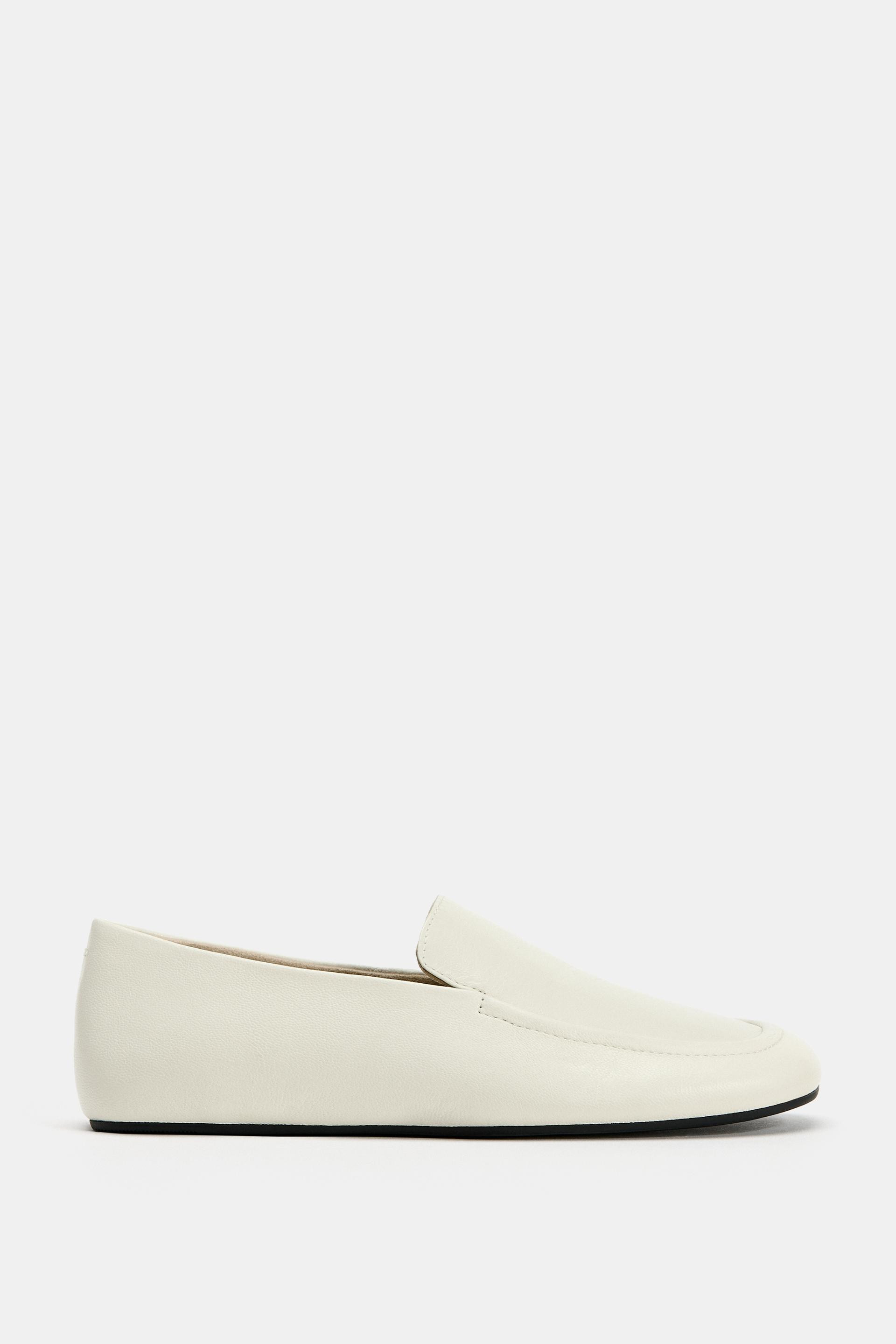 Zara - Soft Leather Flat Loafers - White - 6 - Woman | Zara US